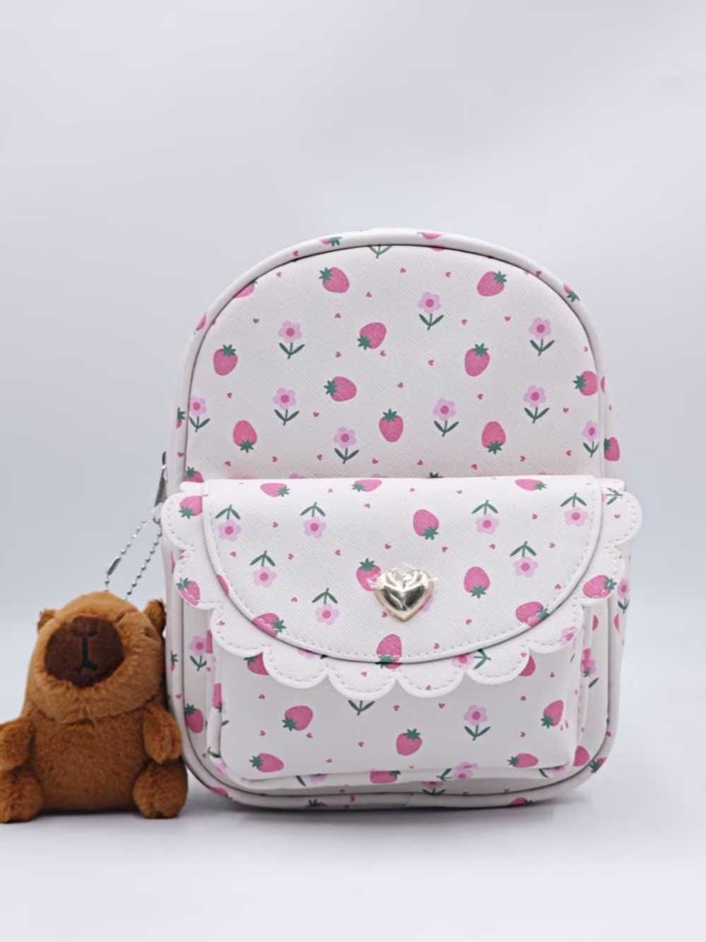 Kids Pink Strawberry Print Mini Backpack with Heart Accent